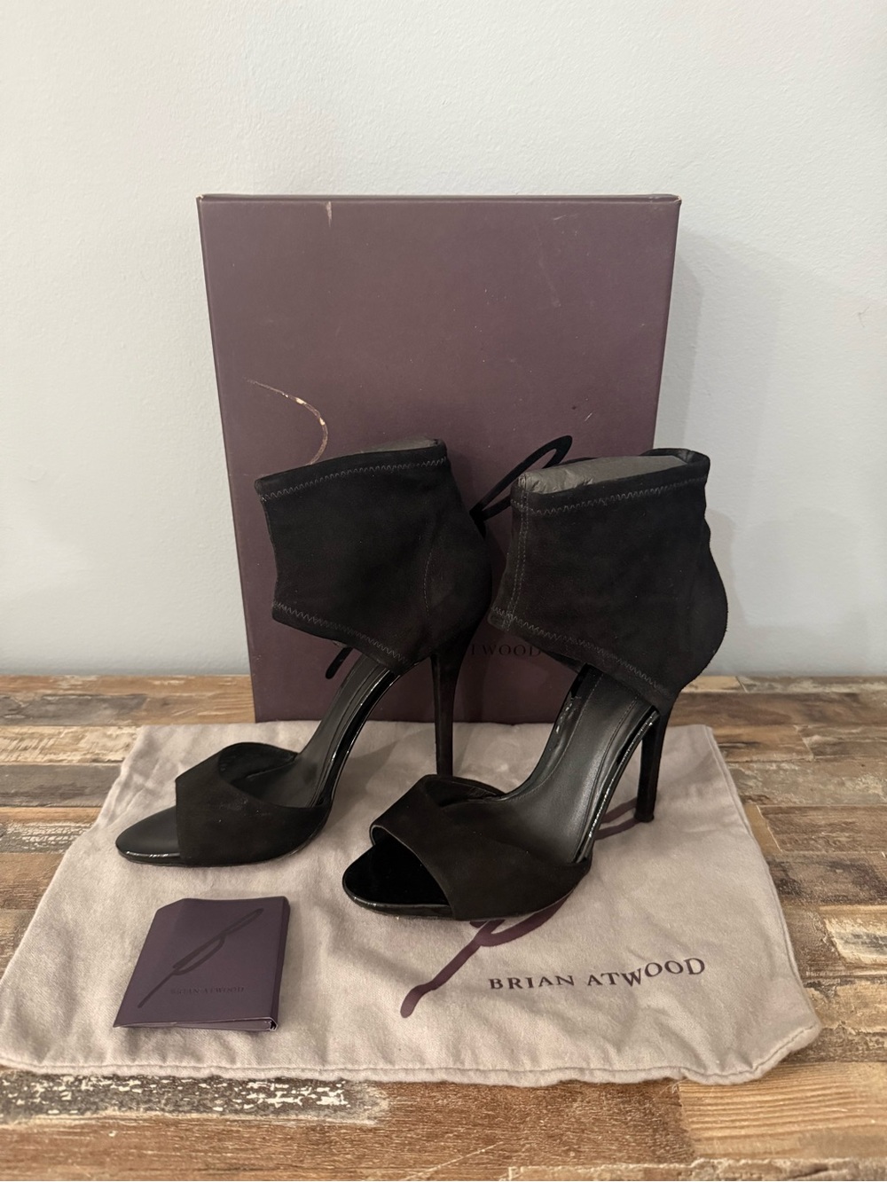 Brian Atwood Black Suede Open-Toe Ankle Cuff Heels